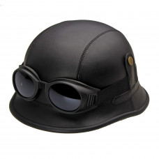 Casca Moto WW2, imbracata in piele ecologica, cu ochelari Casca Moto WW2, imbracata in piele ecologica, cu ochelari